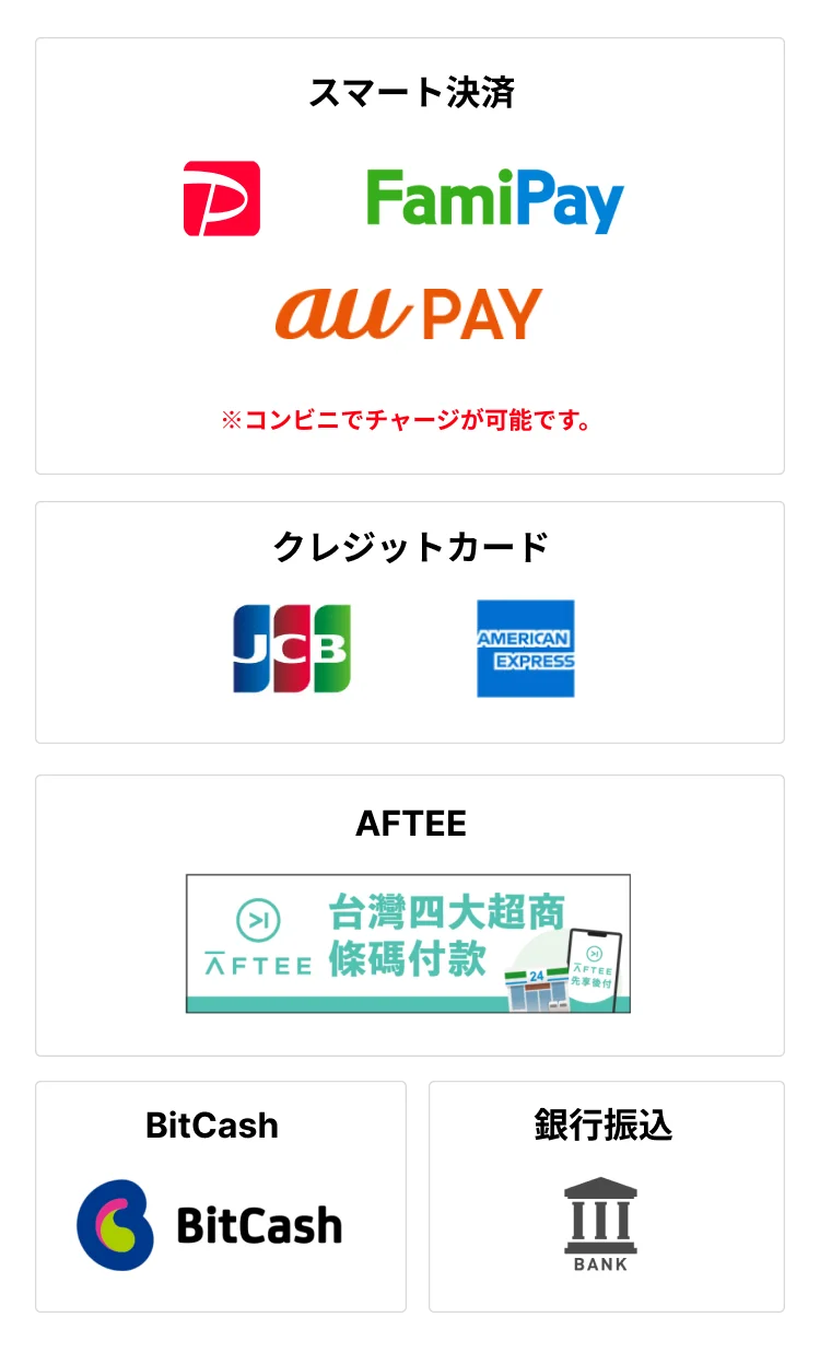 スマート決済PayPay・FamiPay・auPAY※コンビニでチャージが可能です。、クレジットカードJCB・アメリカン・エキスプレス、海外の方向けAFTEE台湾四大超商條碼付款、Bitcash、銀行振込